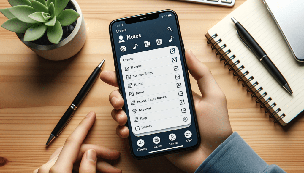 Photo of a modern smartphone displaying a user-friendly note-taking app interface with options to create, organize, and search for notes