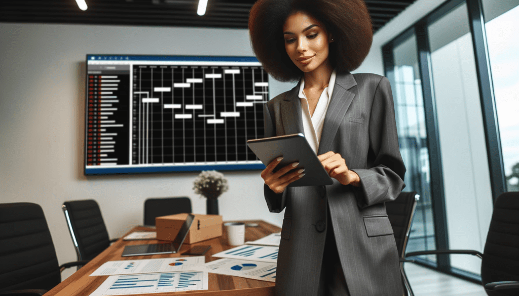 Photo of a professional project manager, a woman of African descent, in a modern office setting. She is standing by a desk, holding a digital tablet,