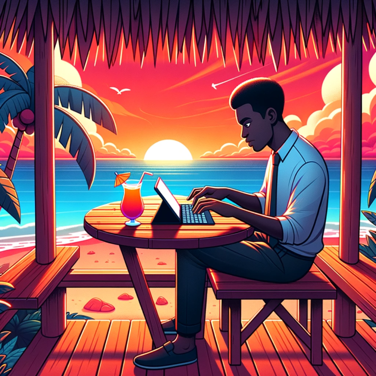 Illustration of a male freelancer of African descent under a tiki hut, typing on a portable keyboard connected to his tablet.