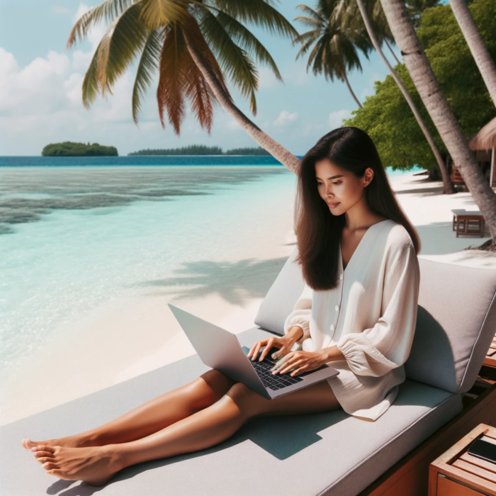 Woman works on the beach using the best AI-enhanced freelancing platforms