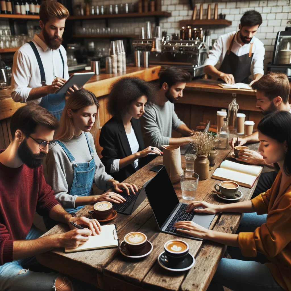 Group of freelancers working in a coffee shop