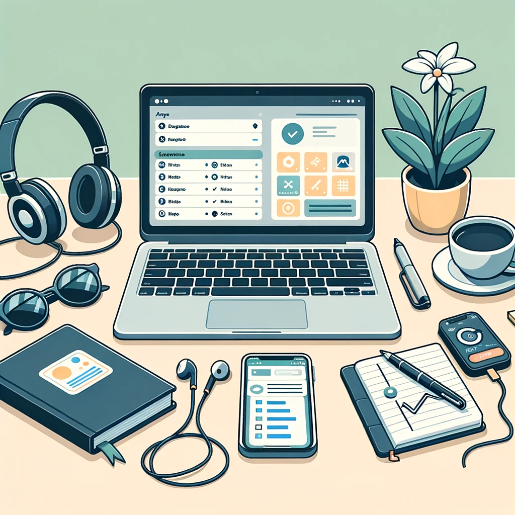 Illustration depicting a remote worker's desk setup. There's a laptop displaying a project management software, a mobile phone with a task management