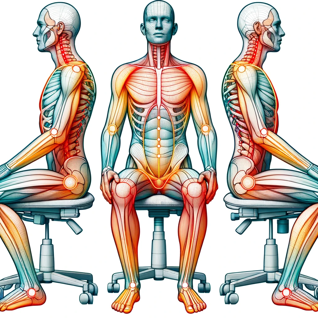 Illustration showcasing the human body with lines indicating proper posture and alignment while sitting and standing. 