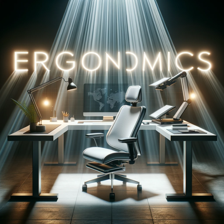 picture of a desk with spotlight and word ergonomics in background