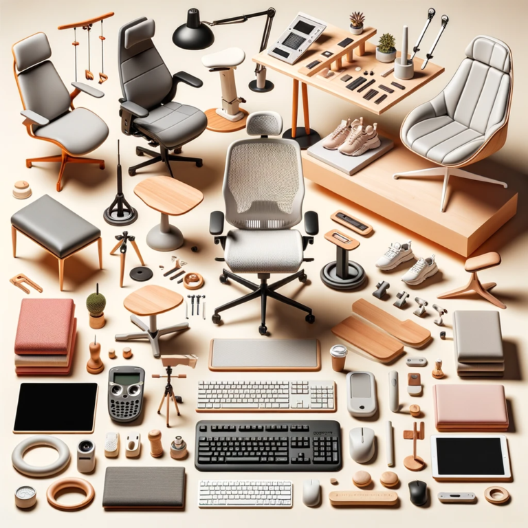 A collage of ergonomic tools including