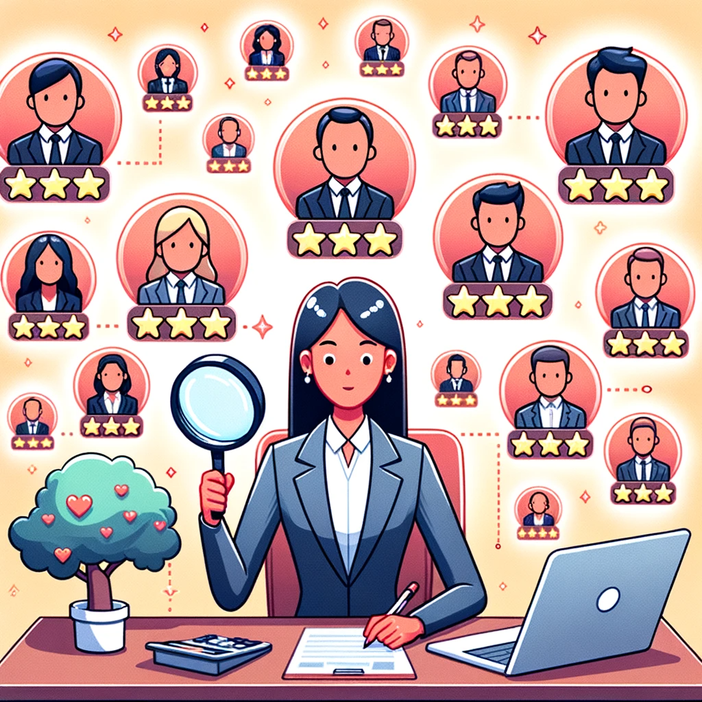 Cartoon-illustration-of-a-businesswoman-at-her-desk-surrounded-by-floating-profiles-of-AI-freelance platforms.-Some-profiles-glow-brightly-representing-top-1-1