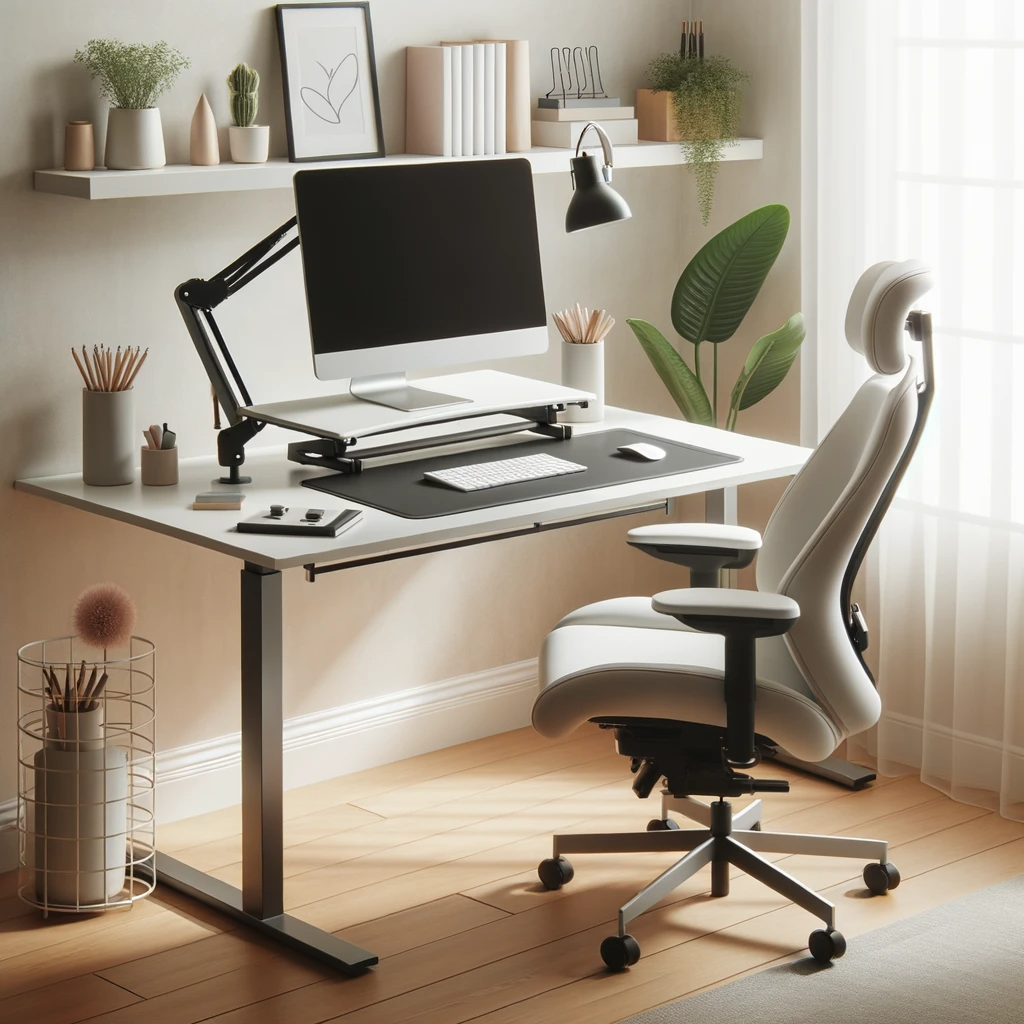 Photo of a modern ergonomic desk setup in a well-lit room. The desk has an adjustable height feature, a monitor arm holding a computer screen