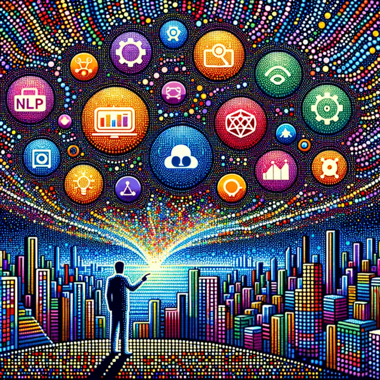 Pointillism Painting depicting a vibrant digital landscape where various apps are used to accelerate content creation with AI