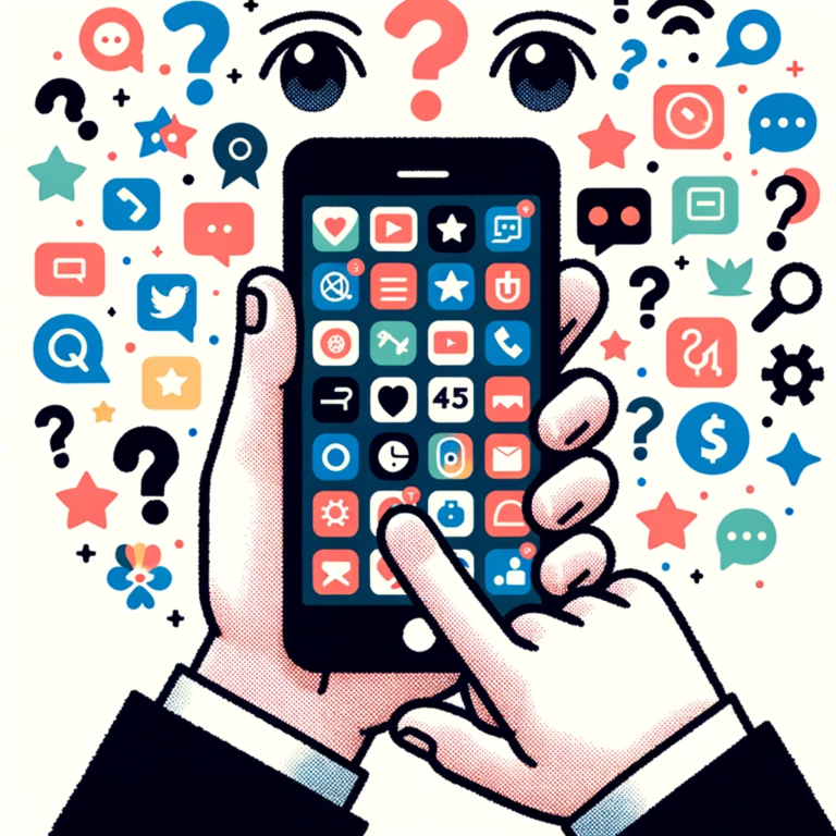 Illustration of a person's hand holding a smartphone, showcasing a screen full of different productivity app icons. The person's curious eyes are visible indicating productivity apps for beginners.