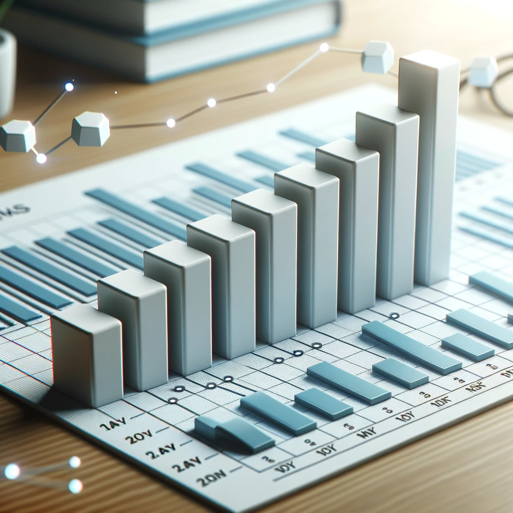 Photo of a 3D bar chart on a desk displaying monthly increases indicating additional income from side hustles