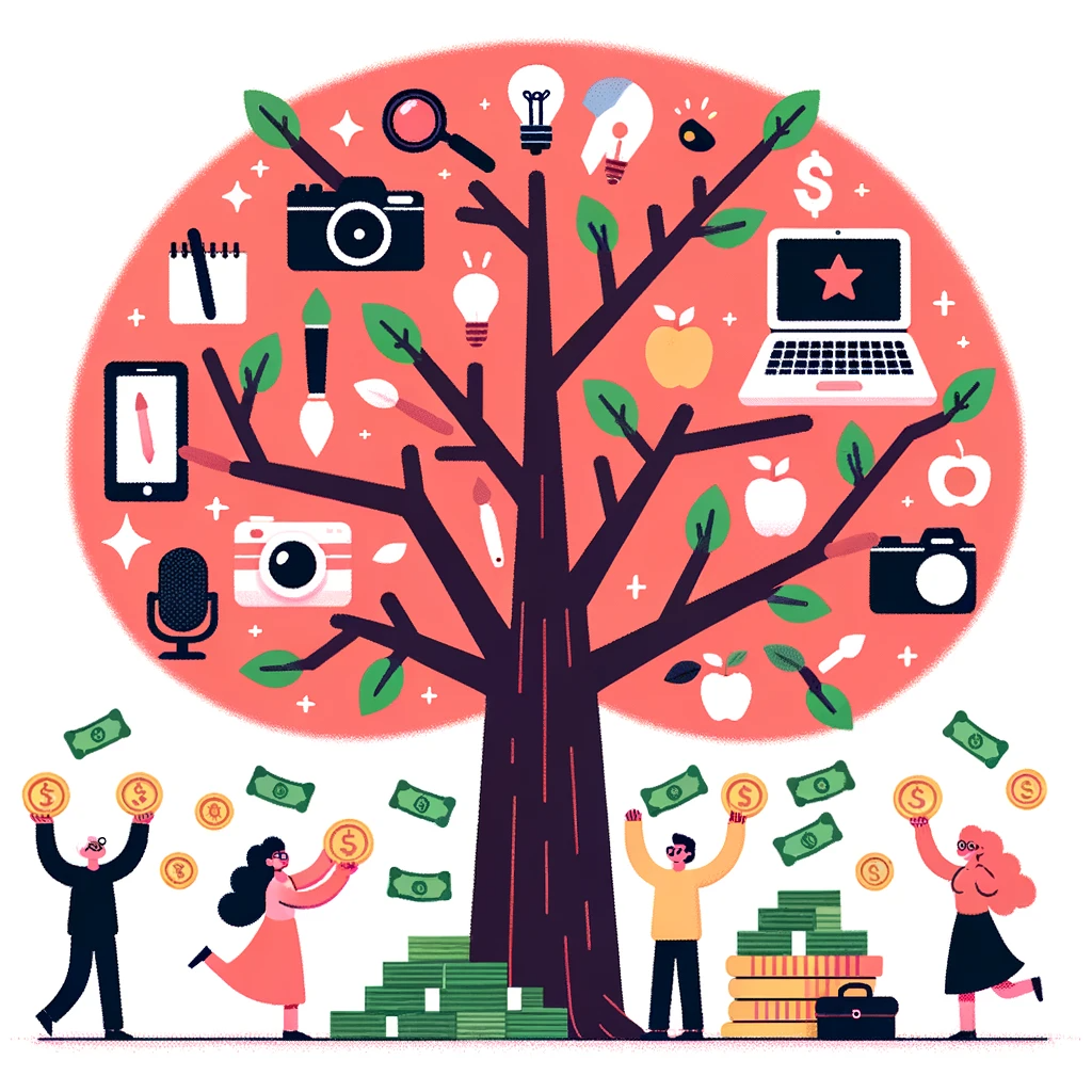 Vector graphic of a tree with branches holding symbols related to side hustles using AI tools