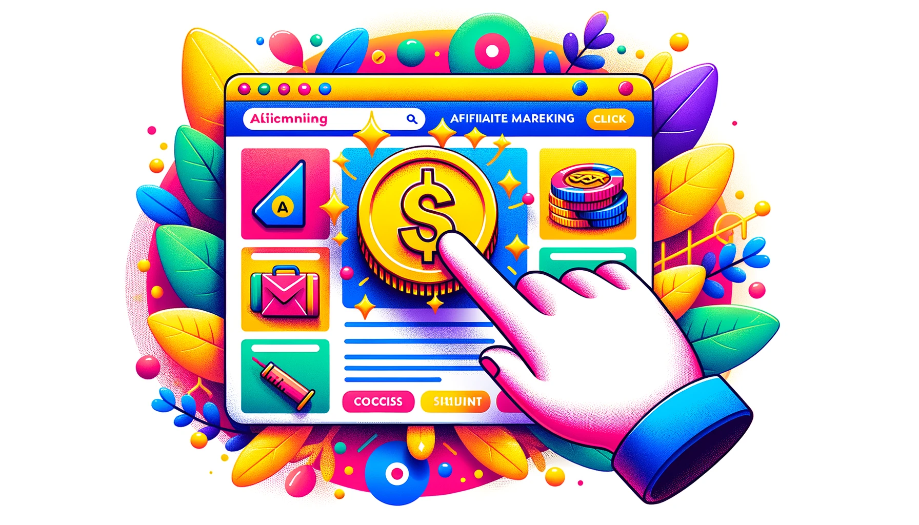 Illustration-of-a-colorful-blog-post-with-vibrant-embedded-product-images-and-links related to an AI blogging side hustle