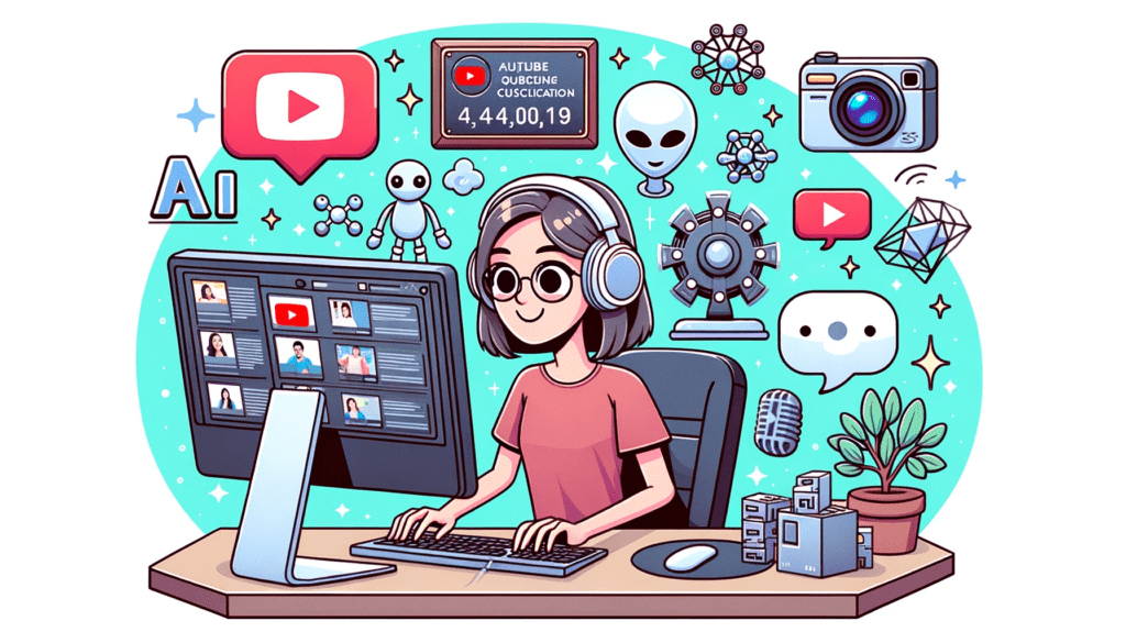 artoon-of-Sarah-a-woman-sitting-at-her-computer-with-headphones-on-editing-a-video for Faceless youtube channel creation with AI