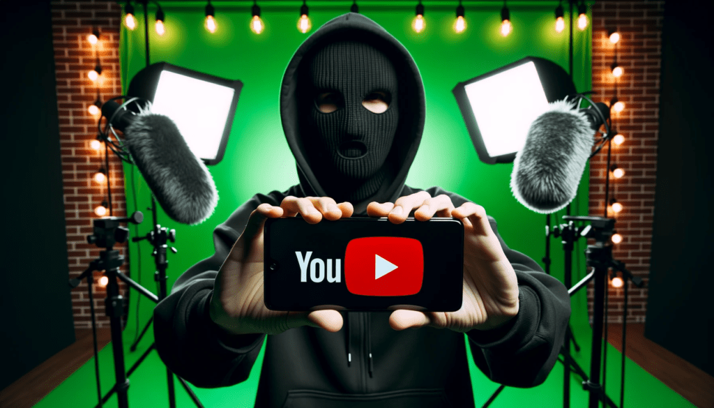 Photo of a masked person holding a smartphone with the YouTube app open. They're in a modern studio setup with lights, microphones, and a green screen