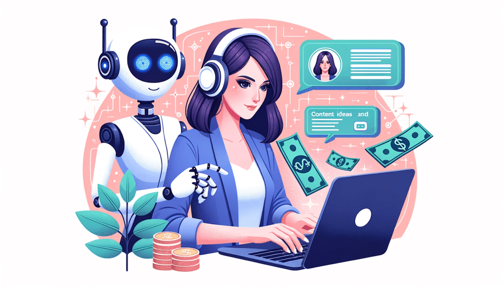 ector-image-of-a-stylish-young-woman-with-headphones-typing-on-her-laptop.-Beside-her-a-digital-assistant-represented-as-a-glowing-AI-entity