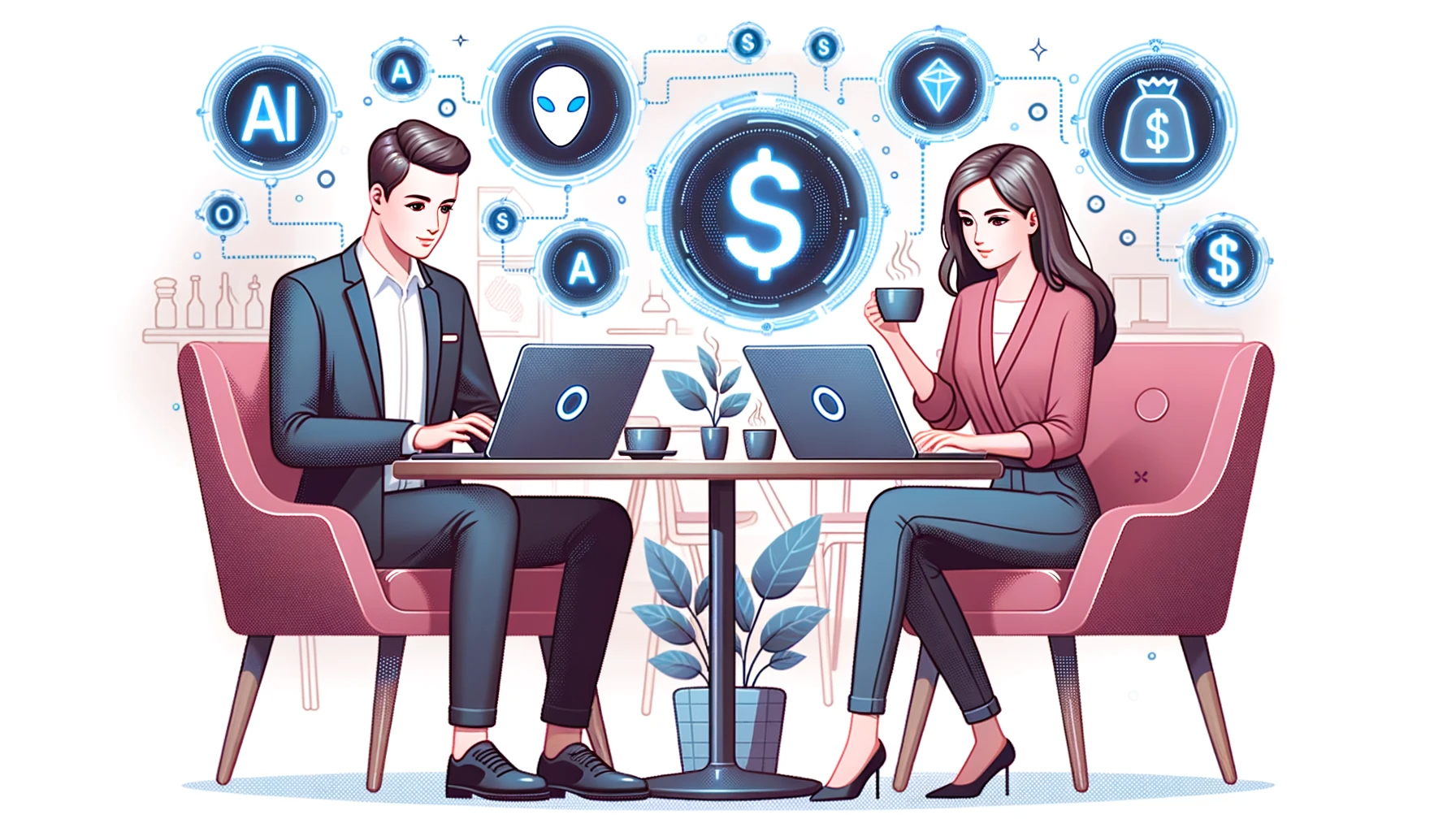 Illustration of an attractive man and woman seated at a modern cafe, deeply engrossed in their laptops. Floating around them are holographic icons related to using AI tools to Improve Blog Performance