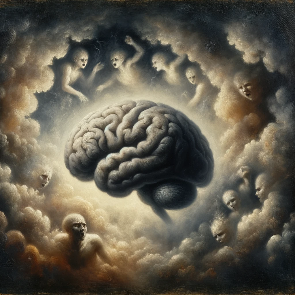 Oil-painting-in-the-style-reminiscent-of-19th-century-Romanticism-showcasing-a-human-brain-surrounded-by-dark-swirling-clouds due to writer's block