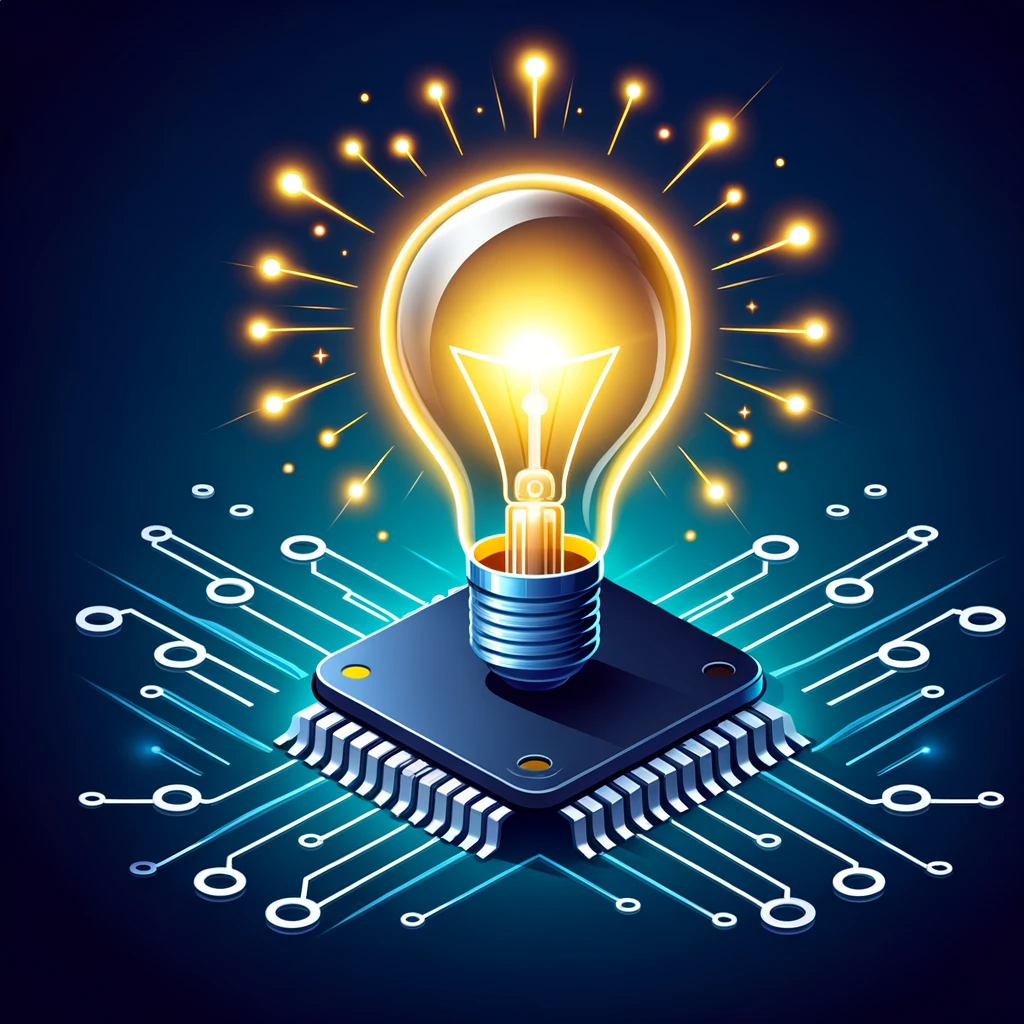 Vector-design-of-a-bright-glowing-light-bulb-connected-to-a-sleek-computer-chip.-The-light-bulb-emits-radiant-beams-symbolizing-the-generation-of-ideas