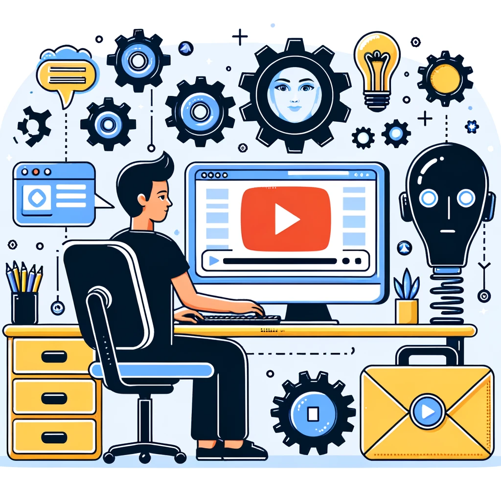 Illustration-of-a-content-creator-at-a-computer-desk-uploading-a-video-to-YouTube-with-AI-icons-and-gears