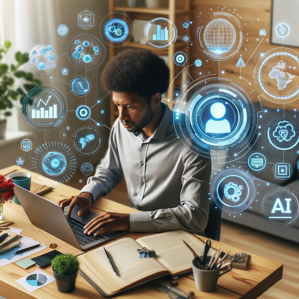 Photo of an individual with diverse ethnicity working on a laptop surrounded by virtual representations related to how to create a unique voice with AI blogging tools