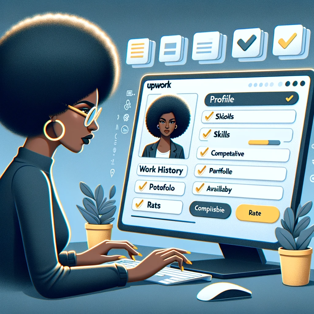 Illustration of a virtual Upwork profile setup page featuring a black woman with short curley hair with potential to use Upwork for AI Productivity