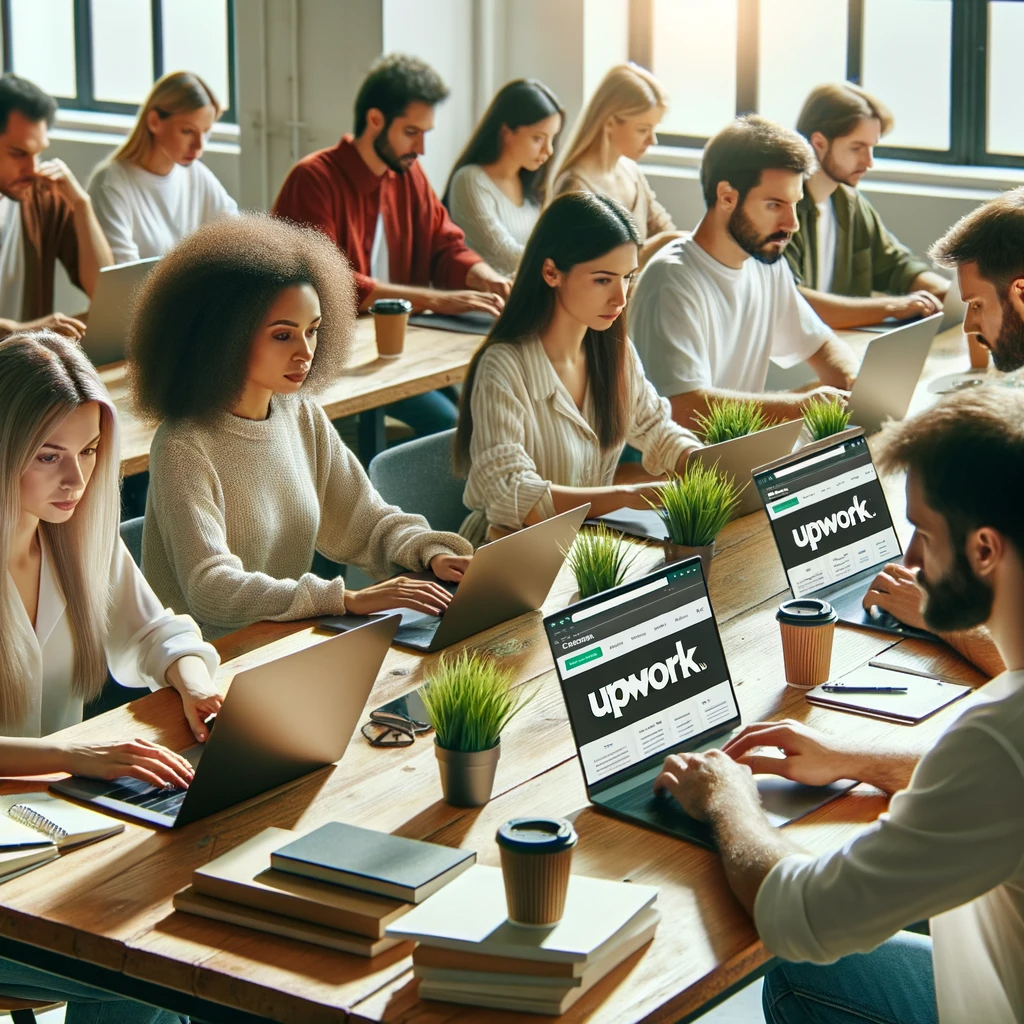 Group of people working collaboratively on laptops with upwork on the screen