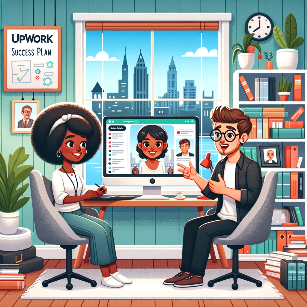 Cartoon-of-a-cozy-home-office-setup-with-a-Black-woman-with-an-afro-hairstyle-and-a-Caucasian-man-with-glasses-both-freelancers-video-conferencing